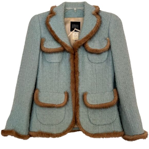 Edward Achour Paris Tweed Jacket Size 38 Mink Fur Trim Blue Made in France US 6 - Picture 1 of 12